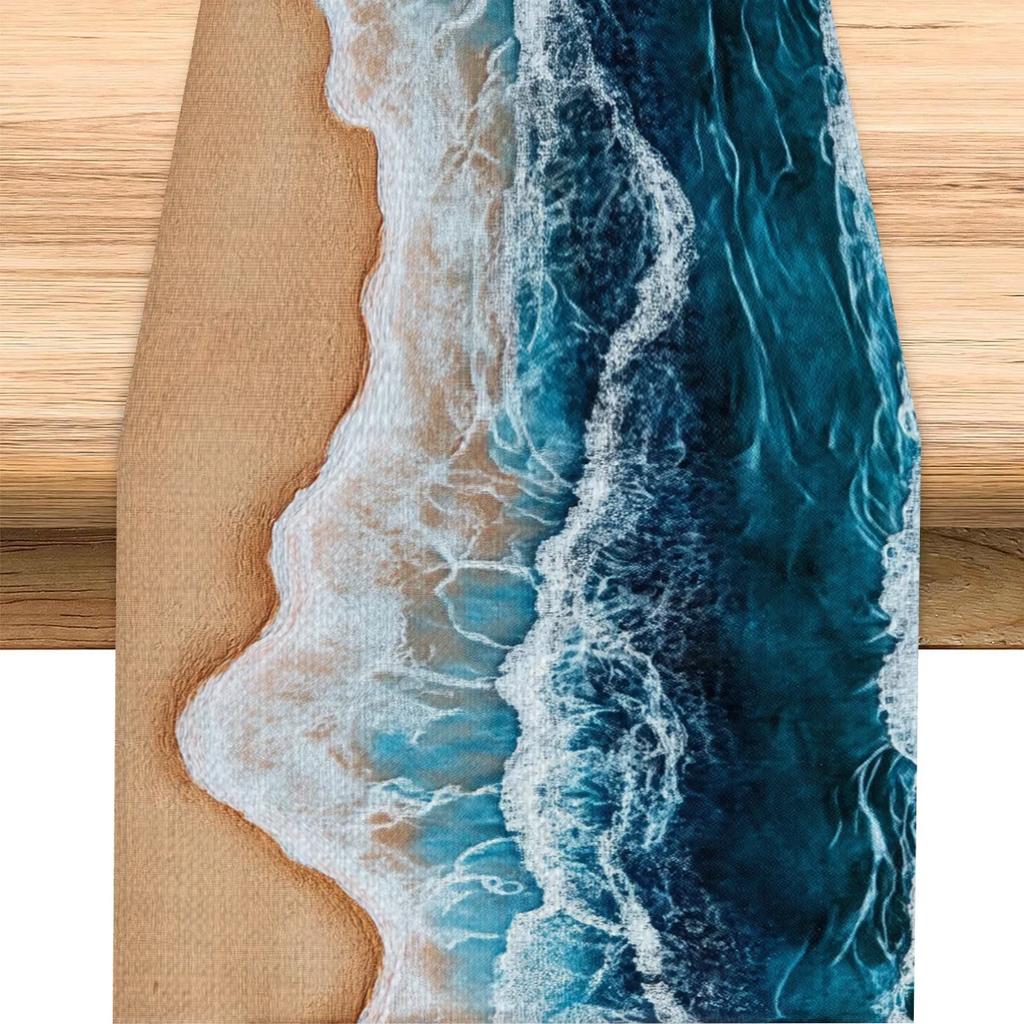 1 Piece Beach Theme Table Runner with Waves and Beach Patterns - Suitable for Home Decoration, Beach Party, Summer Party and Tro