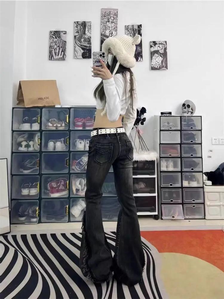 ZYLLO High Quality American Vintage Clothes Raw Edge Design Flared Jeans for Women Patchwork Low-rise Washed Denim Y2k Pants