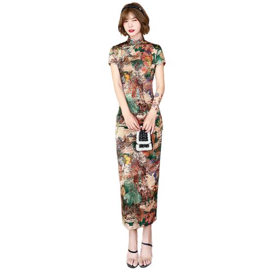 Lady Petticoats Übergröße Damen Cheongsam Blumendruck Schlank Kurzarm Splits Midikleid für Party