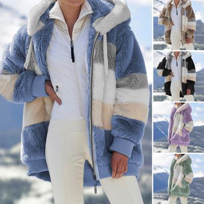 Autumn Winter Lady Cardigan Coat Thickened Plush Hooded Collar Drawstring Loose Windproof Colorblock Patchwork Long Sleeves Cardigan Jacket