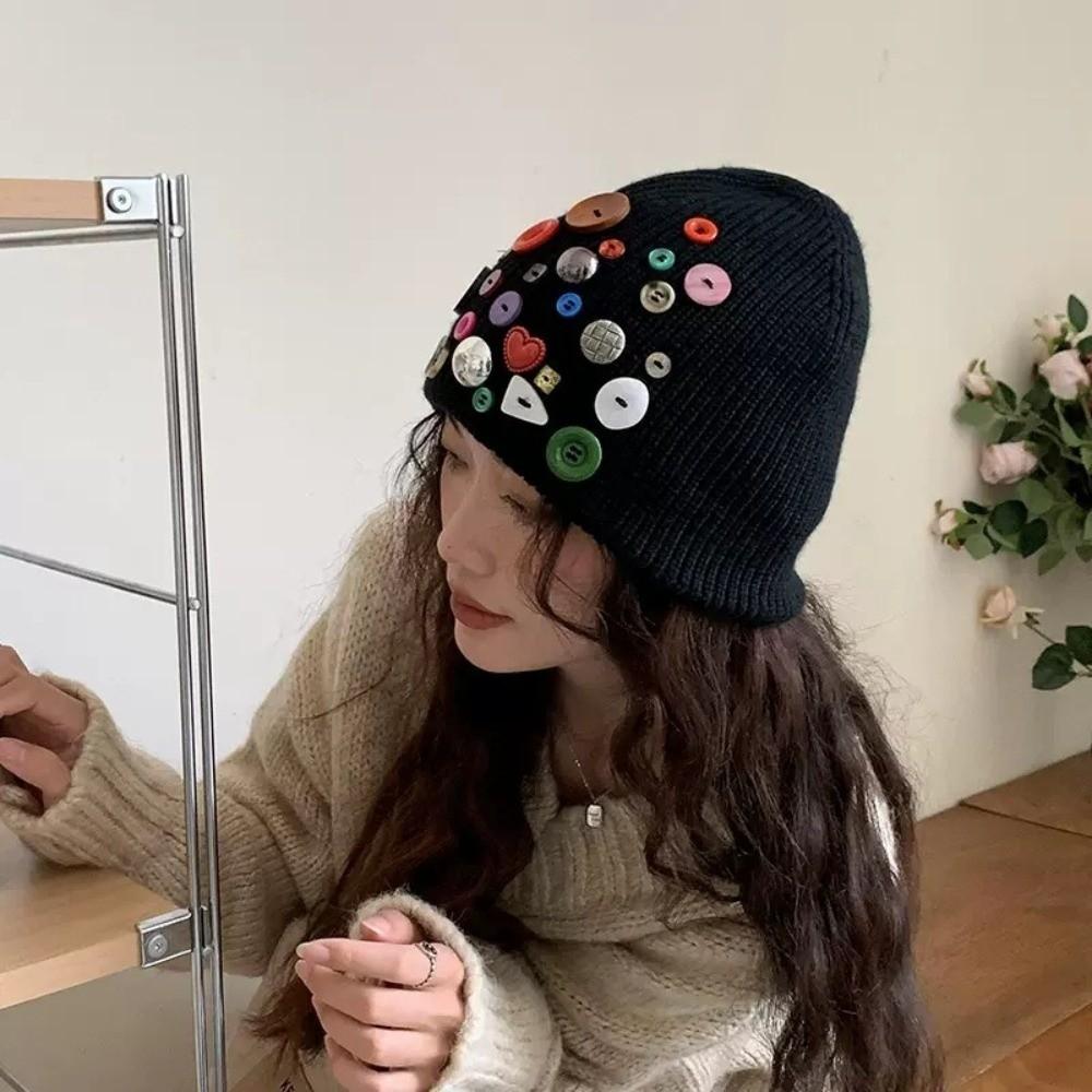 Colorful Button Beanie Hat Cuffed Personality Cold Cap Fashion Knitted Hat