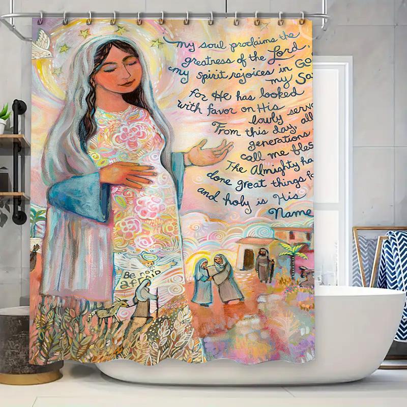 Artistic Shower Curtain Featuring A Colorful Depiction Of Mary With Jesus In Her Womb And Biblical Scenes Perfect For Adding A T