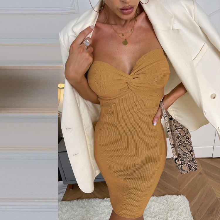 Slim Stretch Knit Cross Strapless Sleeveless Solid Color Dress for Women Spring
