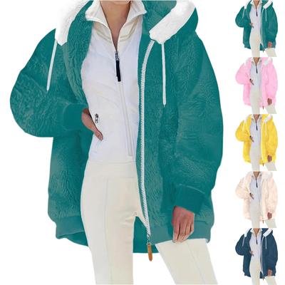 Women's Fashionable Plush Zipper Pocket Hooded Long Sleeved Loose Warm Jacket