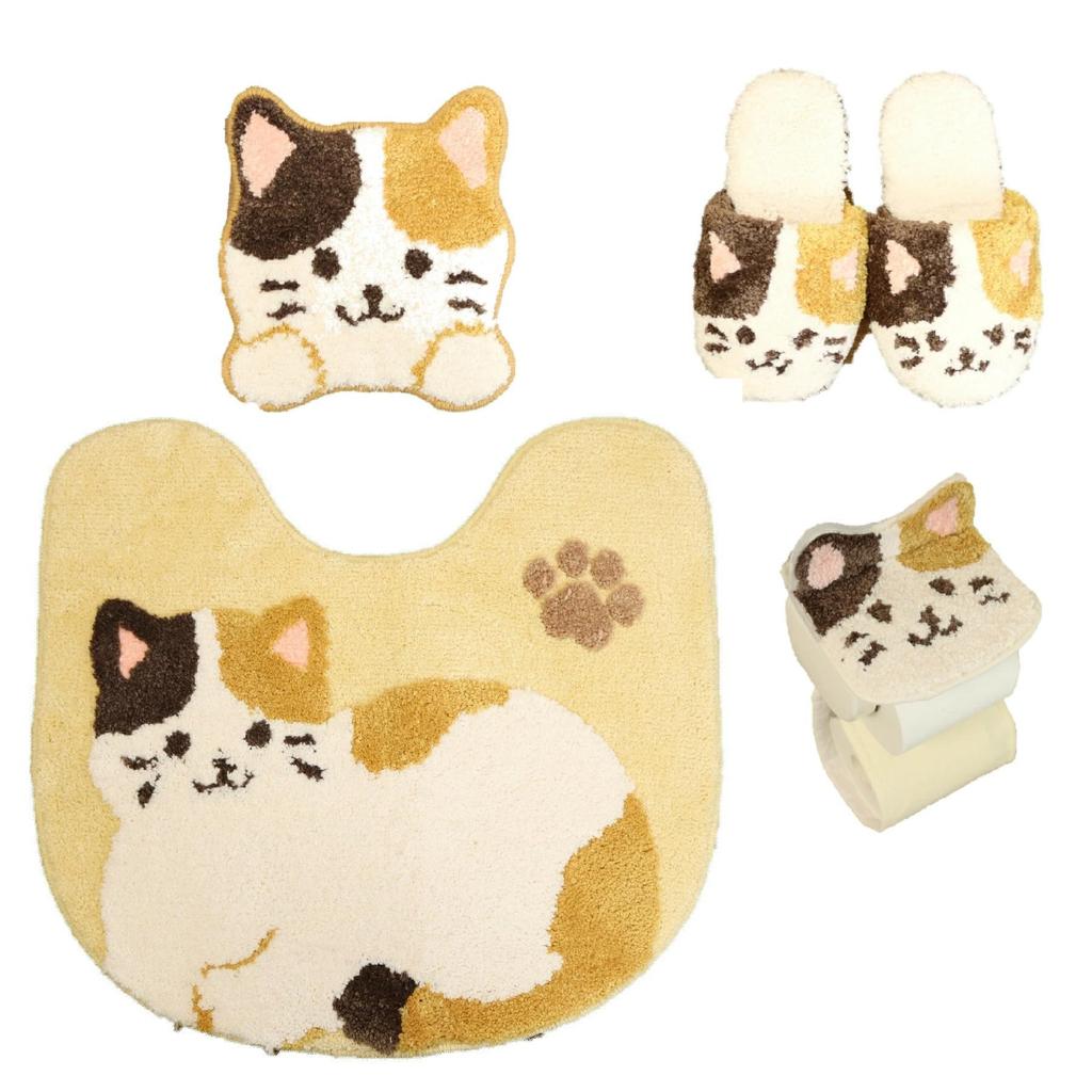 Süßes 4-teiliges Toilettenmatten-Set mit Saugnäpfen, Katzen-Papierrollenhalter-Abdeckung, Hausschuhen und Katzen-Toilettendekoration von Fundit Animals