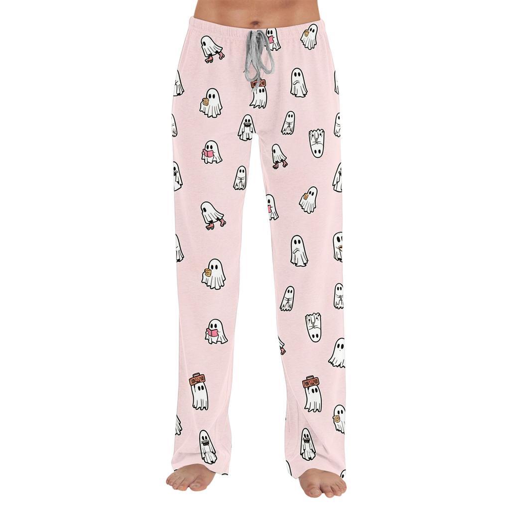 Women Loose Fit Casual Lounge Pants Halloween Printed Pajama Bottoms Soft Comfortable Sleepwear Elastic Waistband Drawstring