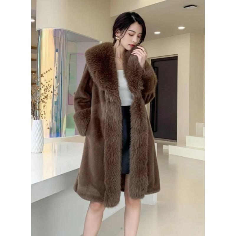 

Зимове пальто з штучного хутра довге з хутряним коміром під лисицю планка темперамент знаменитості потовщене тепле хутряне пальто жіноче нове XXL160-90kg кавовий