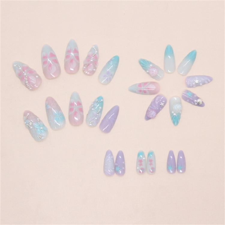 Instants Glamours 24PCS False Nail Set Featuring 3D Seashells Rhinestones Artwork Gradient Holographics Finish Reusable Press On Nail Multi Sizes
