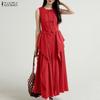 ZANZEA Women Sleeveless Ruffled Layers Baggy Casual Long Maxi Pleated Dress