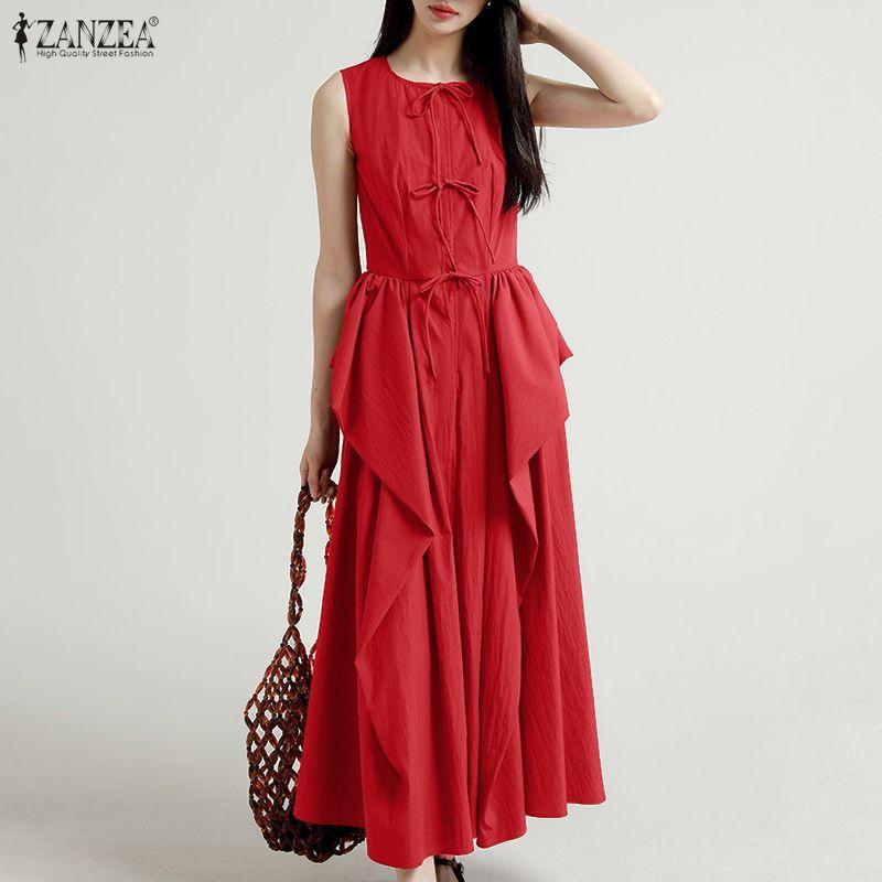 ZANZEA Women Sleeveless Ruffled Layers Baggy Casual Long Maxi Pleated Dress