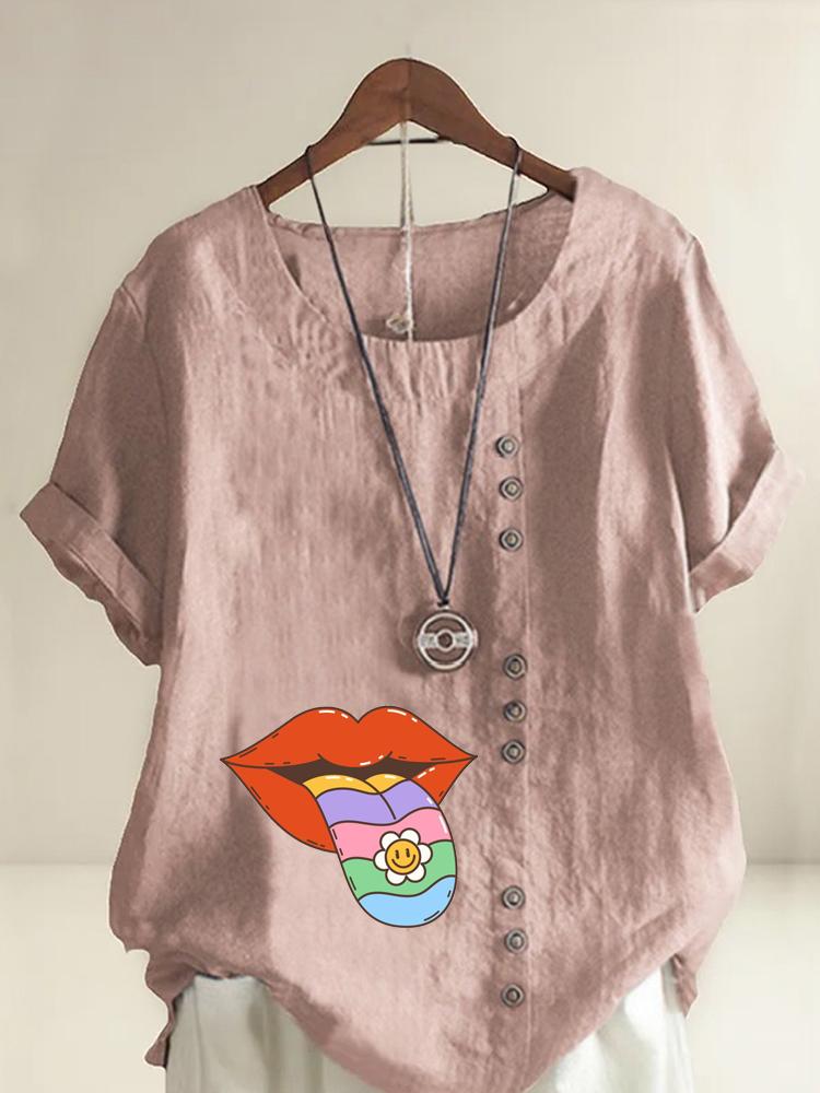 Women s Fashion Lips Printing Round Neck Short Sleeve T-shirt Casual Cotton Linen Graphic Shirt Leisure Loose Summer Blouse Tops S