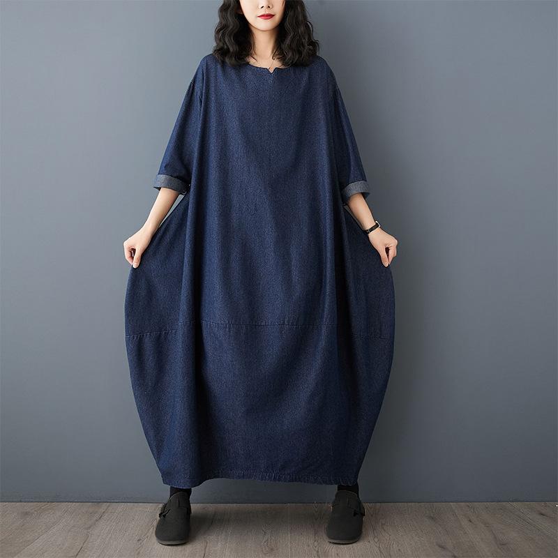 Vintage Long Sleeved Denim Dress 2025 New Plus-size Loose Blue Long Dresses for Women Autumn O Neck Casual Dress