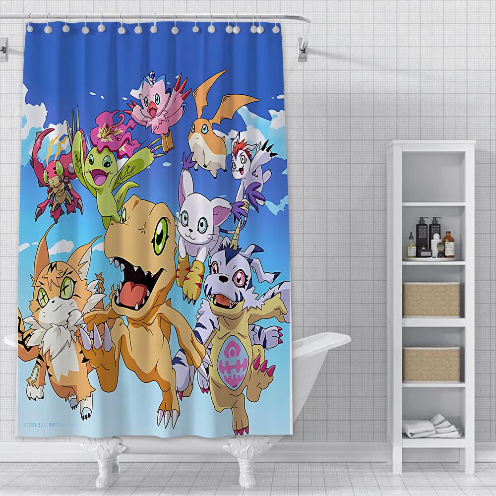 Shower Curtain Waterproof Polyester Fabric Paint Colorful Curtains Cute Digimon Playmats Greymons Home Bathroom Decor  With Hook