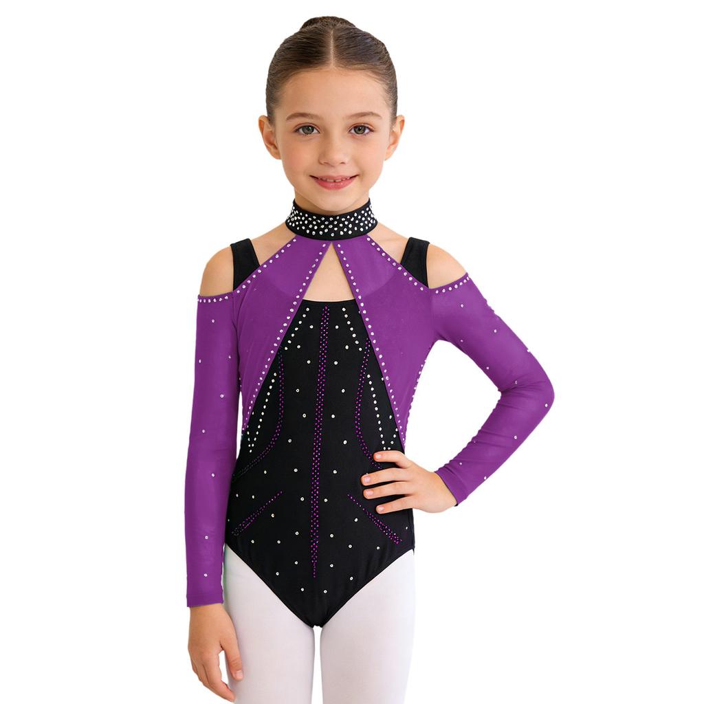 Kombinezon Gimnastyczny dla Dziewcząt Wycięcia Siateczkowe Patchwork Błyszczące Cyrkonie Color Block Body Baletowe