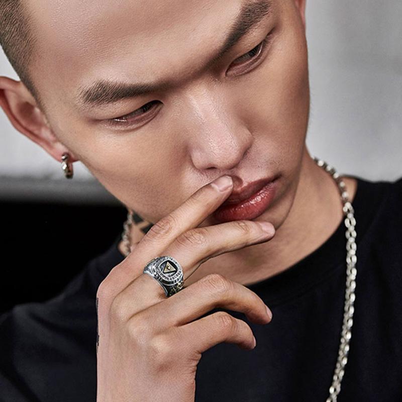 Retro Golden Eye of Providence Large Ring For Men Punk Gothic Open Ring Handmade  Rock Hiphop Biker Accessories Man Gift