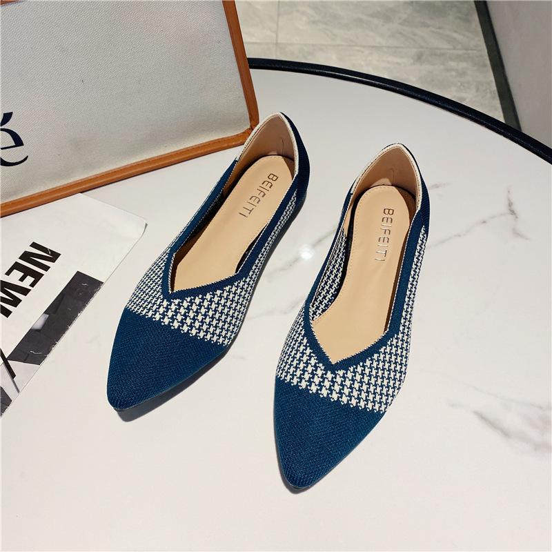 New thousand bird grid woven super soft pointed shallow mouth women's single knitted shoes flat Doudou shoes