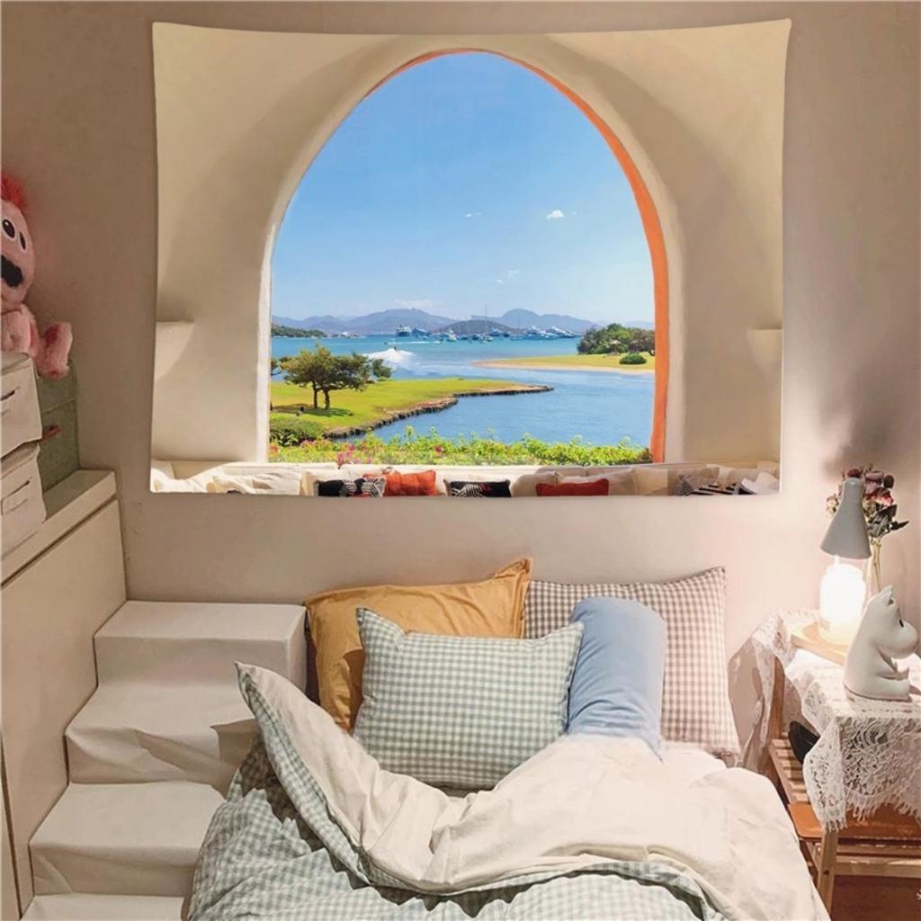 Hintergrundtuch Schlafzimmer Raumrenovierung Fenster Wohnheim Schlafzimmer Raum Falsche Landschaft Hängendes Tuch Wandteppich