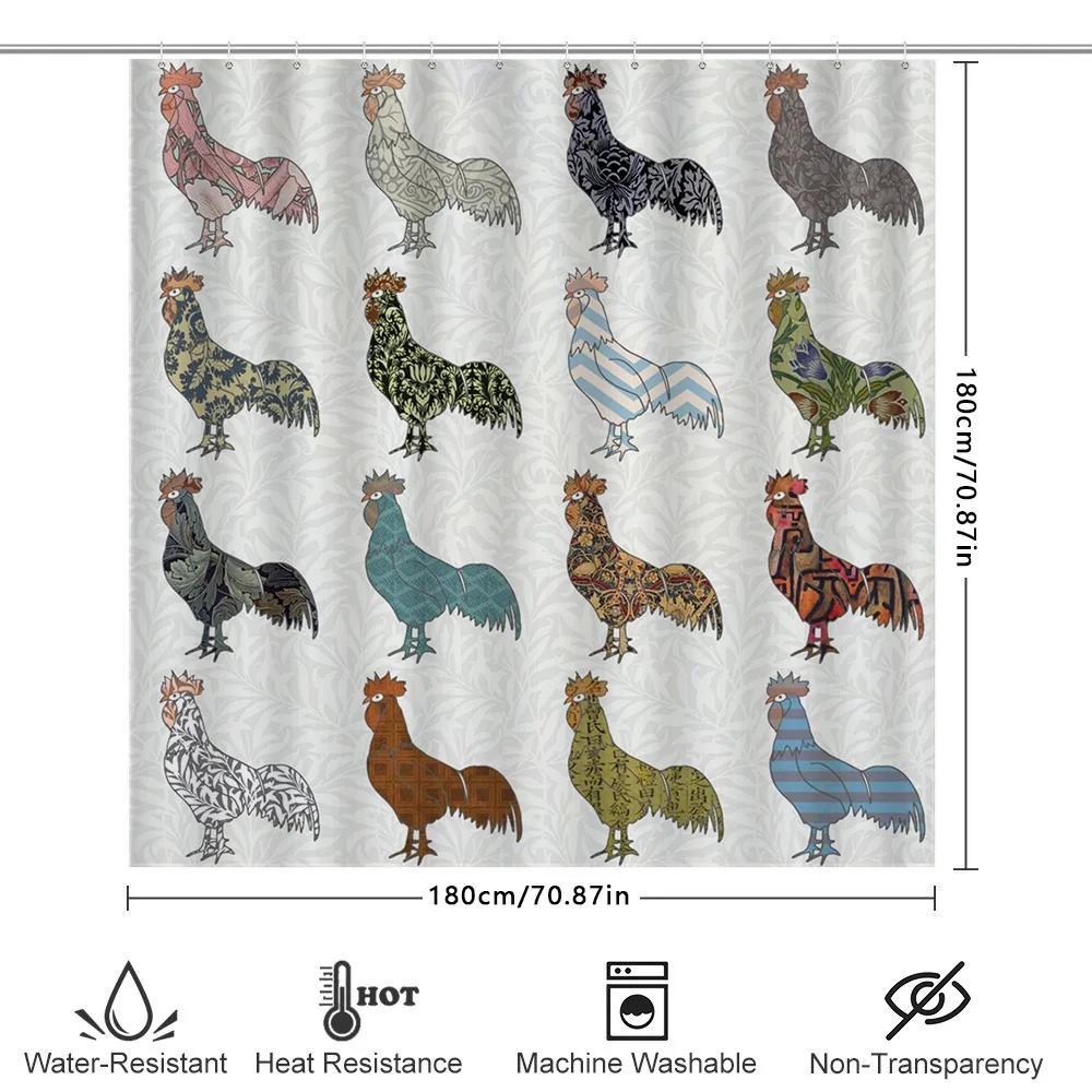 Rustic Farmhouse Decor: Handcrafted Rooster Pattern Shower Curtain For Bathroom Decoration – White Background With Blue, Green,