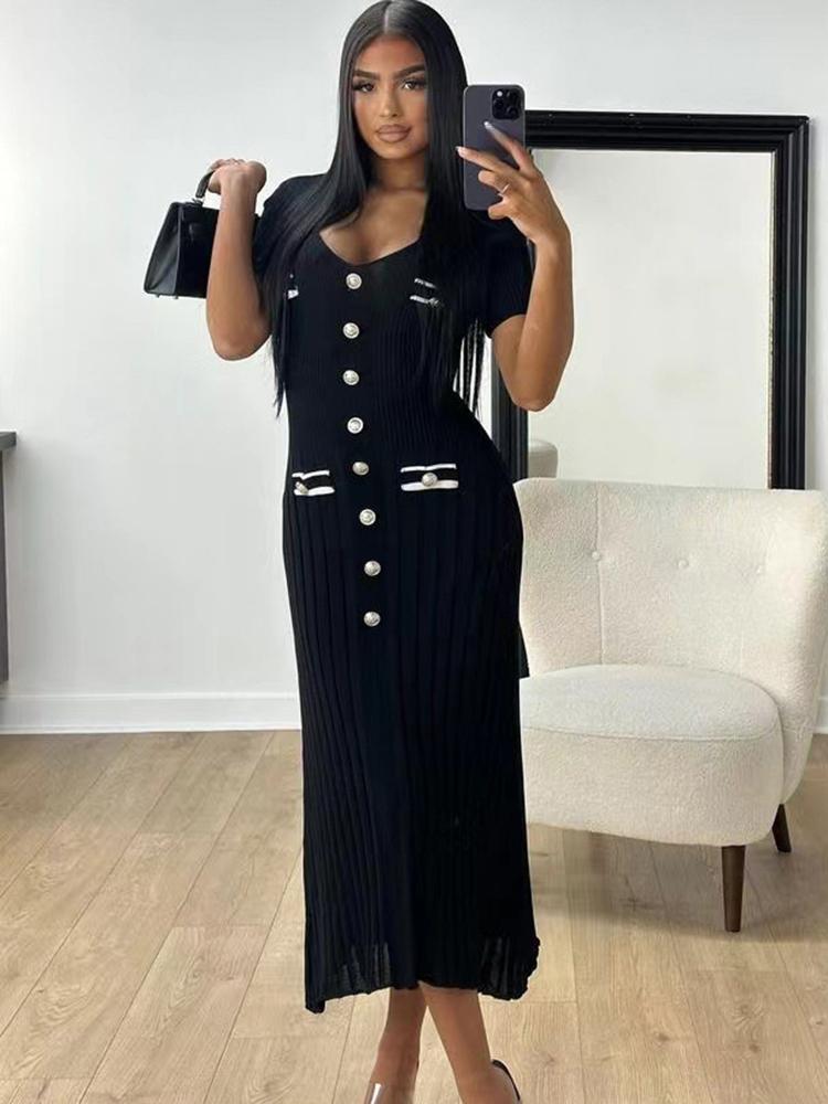 Elegantní jednobarevné pletené dlouhé šaty s výstřihem do V Dámské léto Vintage Knoflíky s krátkým rukávem Štíhlé šaty Módní elegantní elastické kapsy Office Lady