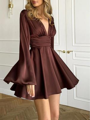 European & American Party Satin Bell Sleeve V-neck Waist-Cinching Short Dress