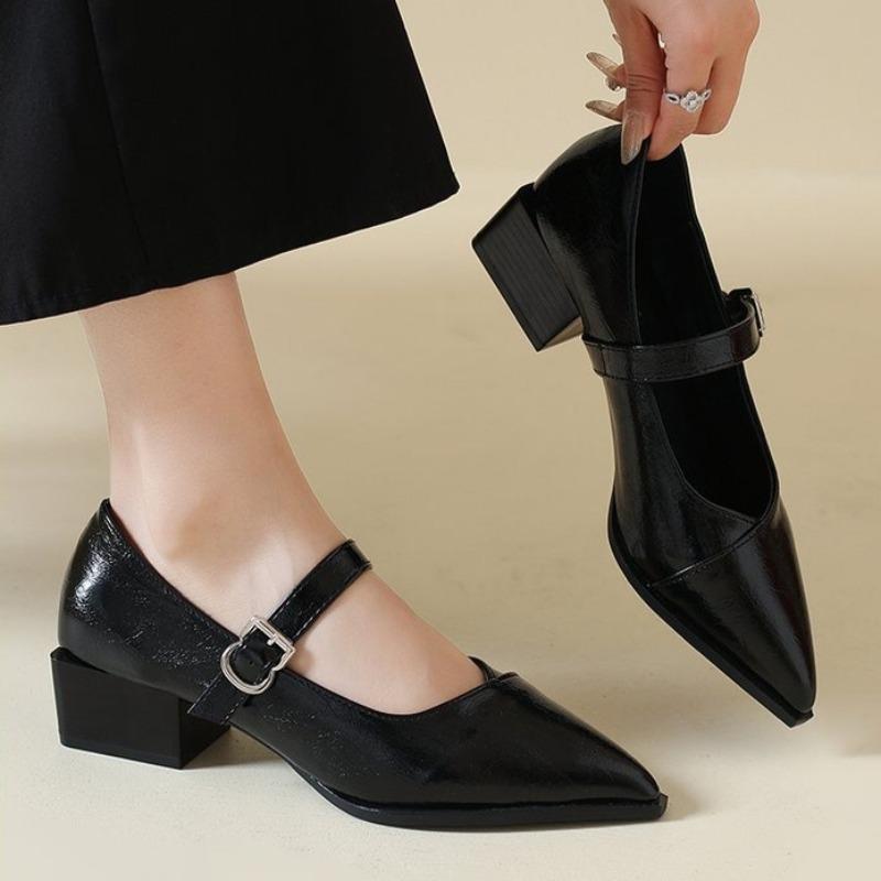 Retro Mid-length Single Shoes Spring and Summer New Fashion Belt Buckle Pointed Toe Comfortable Shallow Toe Leather Shoes 35-44