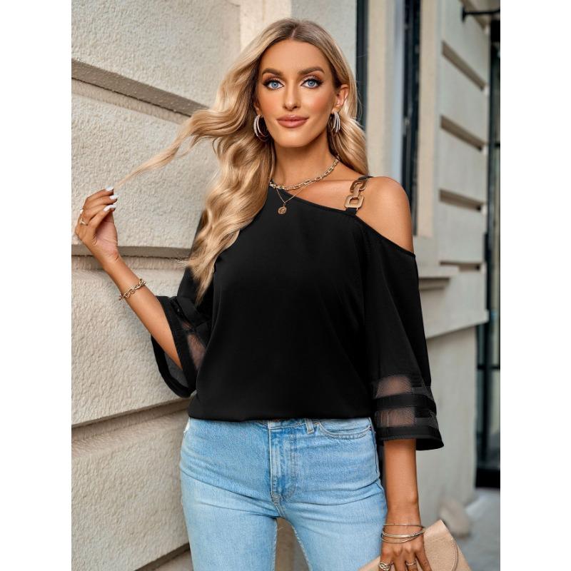 Spring Summer Blouses Women's Slanted Neck Shirt with Loose Five Quarter Sleeves Fashion Casual Solid Color Metal Buckle Single Shoulder Top Women