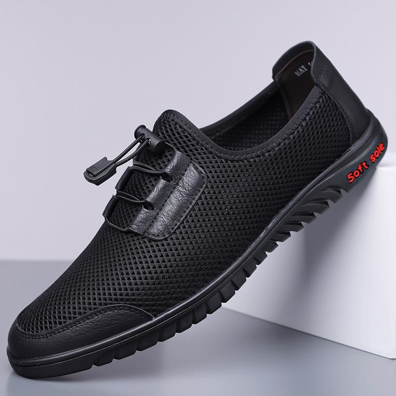 Men's business casual shoes summer breathable mesh hollow thin men's shoes elastic band wear a foot lazy shoes