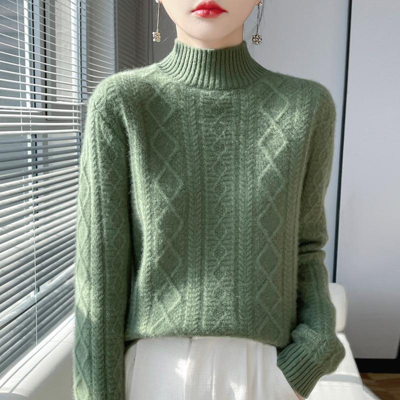 Thickened New Pullover Autumn and Winter Half Turtleneck Knitted Seven-needle Twisted Long-sleeved Ready-made Woolen Sweater