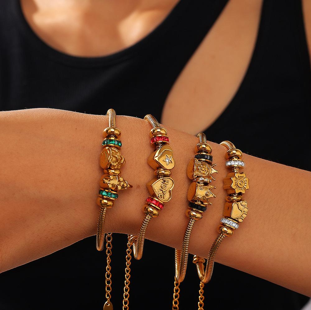 European and American retro style DIY crown love pendant bracelet stainless steel plated 18K gold bracelet