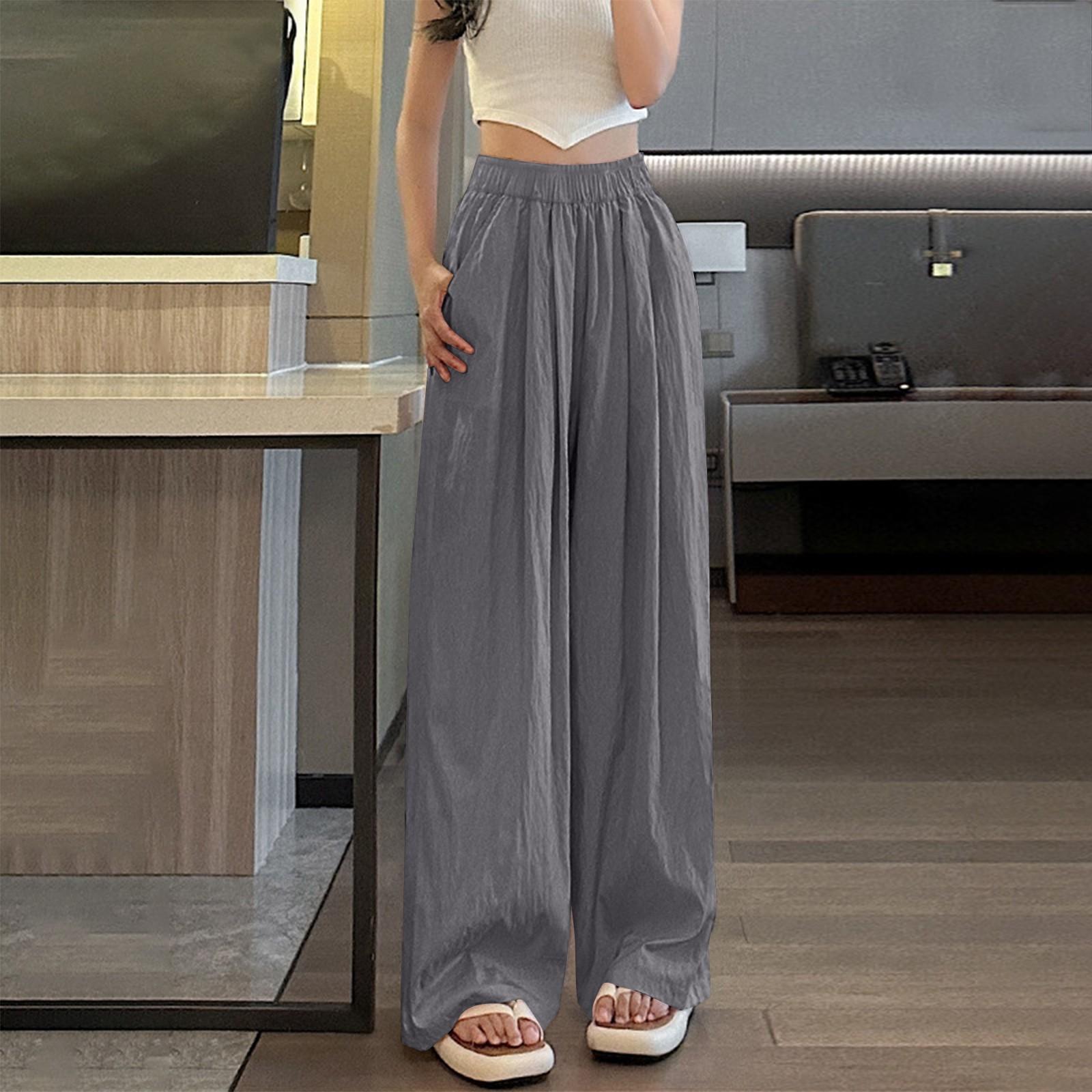 

Женские свободные однотонные широкие повседневные брюки из ледяного шелка с морщинами XL серый