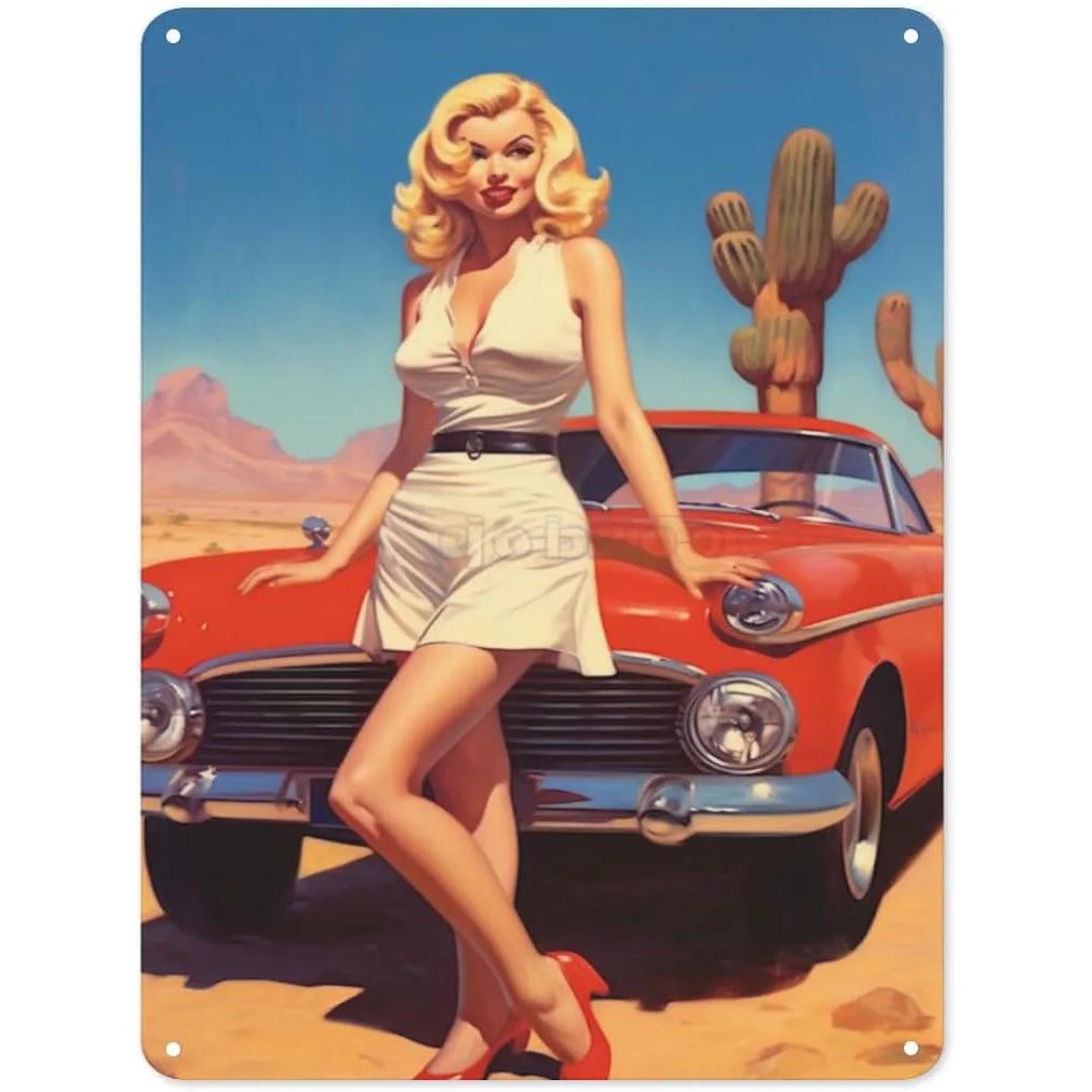 

Pinup Car Girls Metal Tin Signs Plaque Wall Decoration Vintage Art Posters Iron Painting for Man Cave Home Cafe Garden Club B 30x40cm