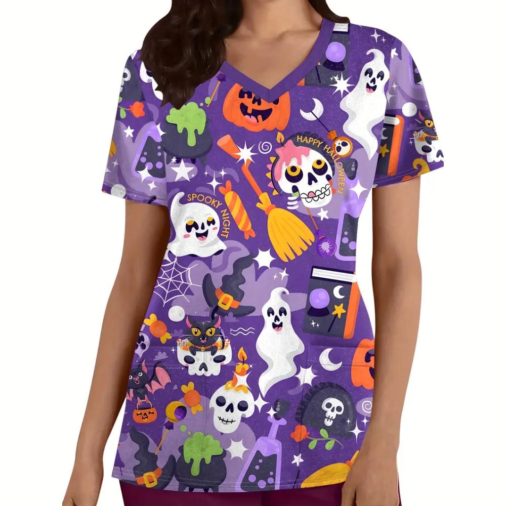 Surgical Uniforms Woman Halloween Prints Curable Nurse Tops Casual V-Neck Short Sleeve Patch Pocket Tees Nurse Uniform Woman