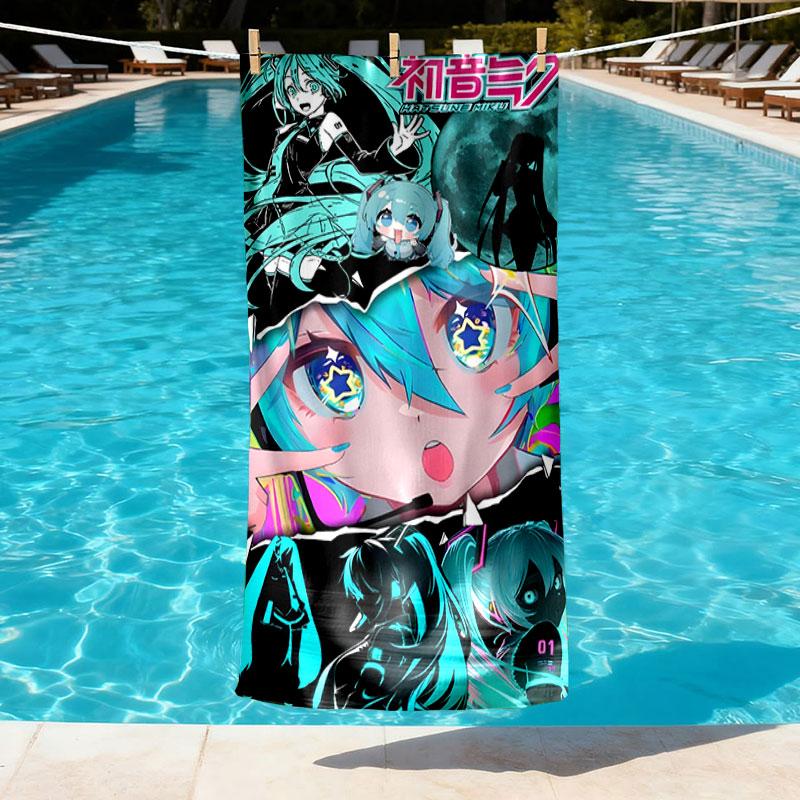 Hatsune Miku Print Beach Towel Design, Soft, Lightweight. for Home Bathroom, Spa, Pool, Yoga, Surfing, Camping, Gift for Family, Friend