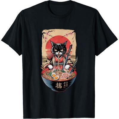 XuGGYXD Cat Ramen Japanese Funny Graphic Kawaii Samurai Cat Anime T-Shirt