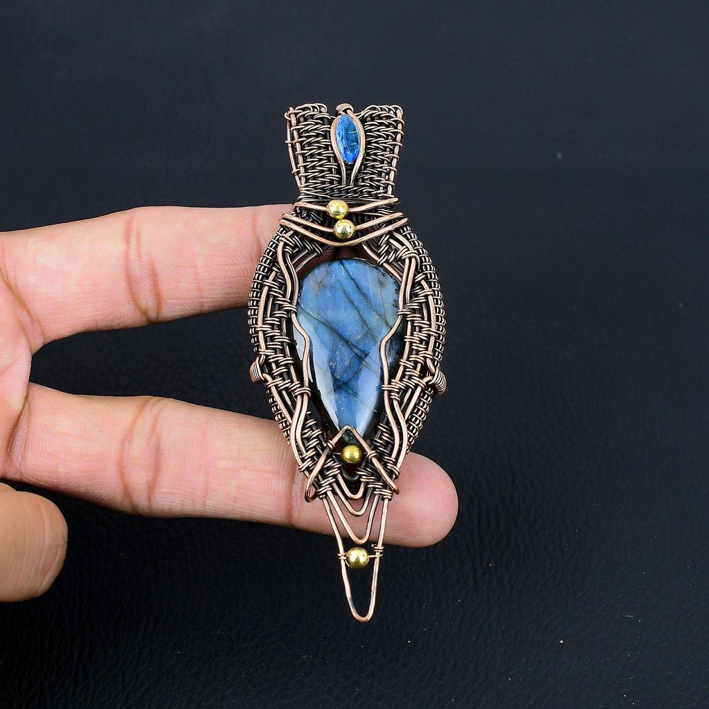 Labradorit-Edelstein, reiner Kupferdraht, umwickelt, handgefertigter Anhänger-Schmuck