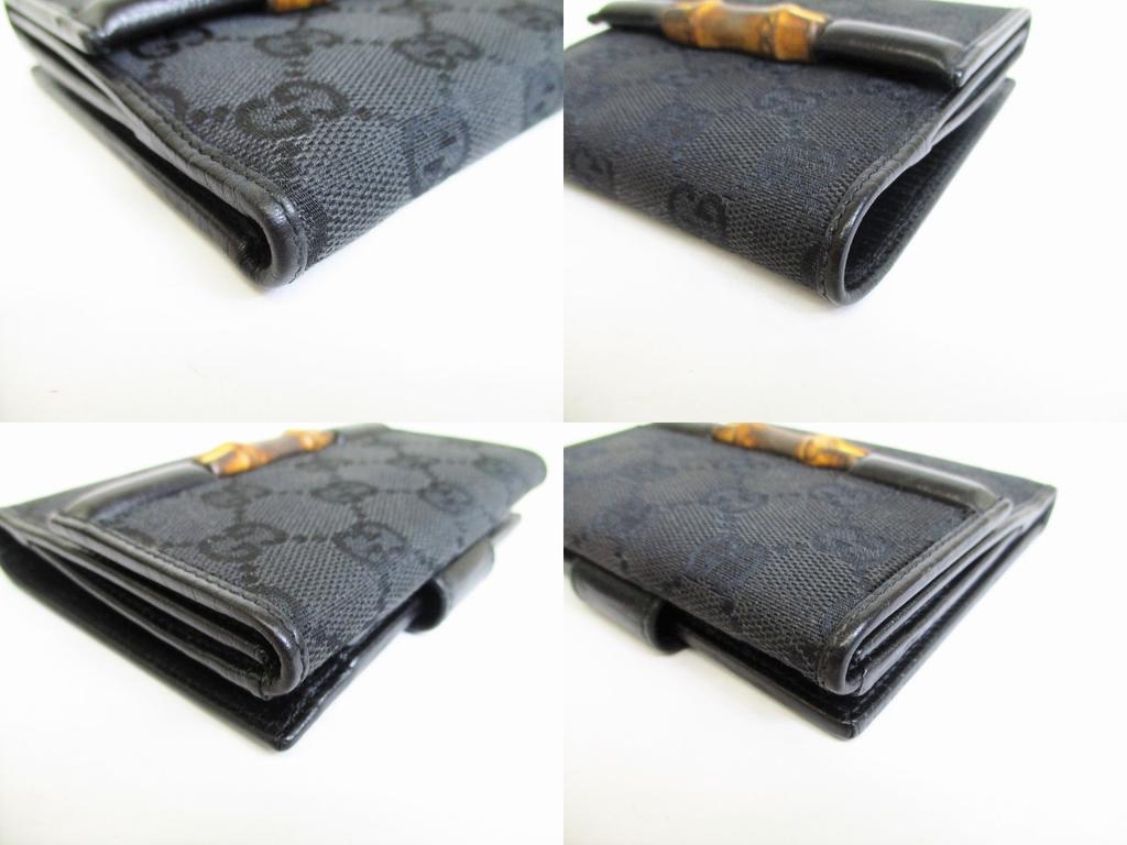 Authentic GUCCI GG Black Canvas Bamboo Bifold Wallet Compact Wallet #8353 Open Box