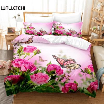 Juego de ropa de cama con diseño de flores y mariposas, funda nórdica, ropa de cama 3D, impresión digital, ropa de cama tamaño Queen, diseño de moda