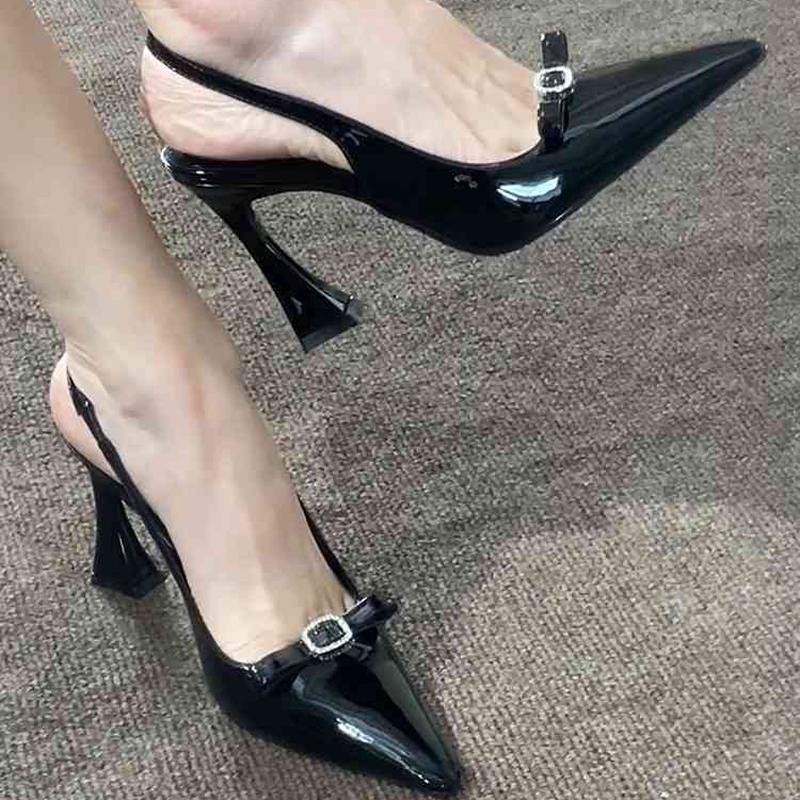 Wine Red High Heels Women's 2025 New Style Rhinestone Butterfly Knot Pointed Toe Versatile Hollow Head Sandals PU Leather Rubber