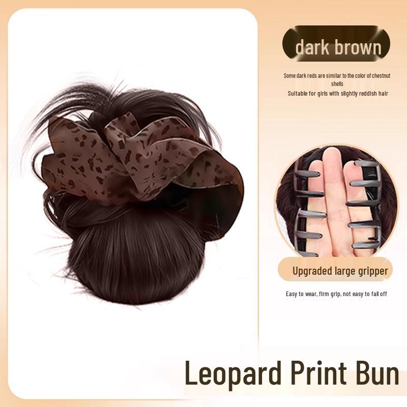 Retro Leopard Print Claw Clip Low Bun with Hair Tie and Natural Fluffy Flower Bud Design