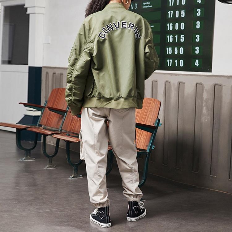 Converse Logo Loose Sports Retro Aviator Jacket Couple Style Green Men's 10024169-A02