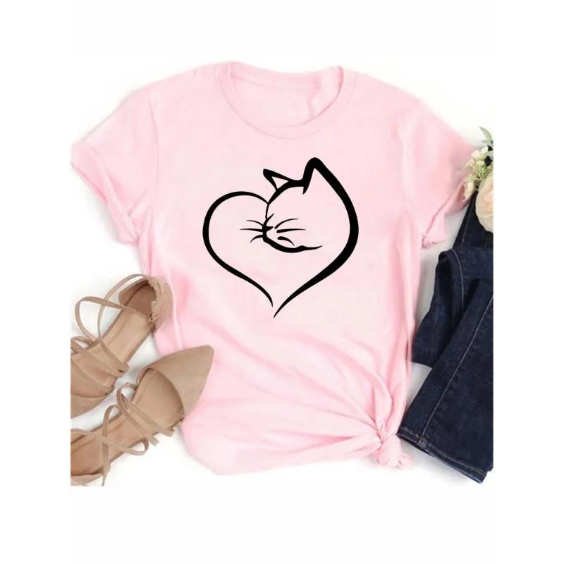 New Cute Love Heart Cat 3D Print Women T-Shirt Casual Summer Women's Clothing Cartoon T-Shirts