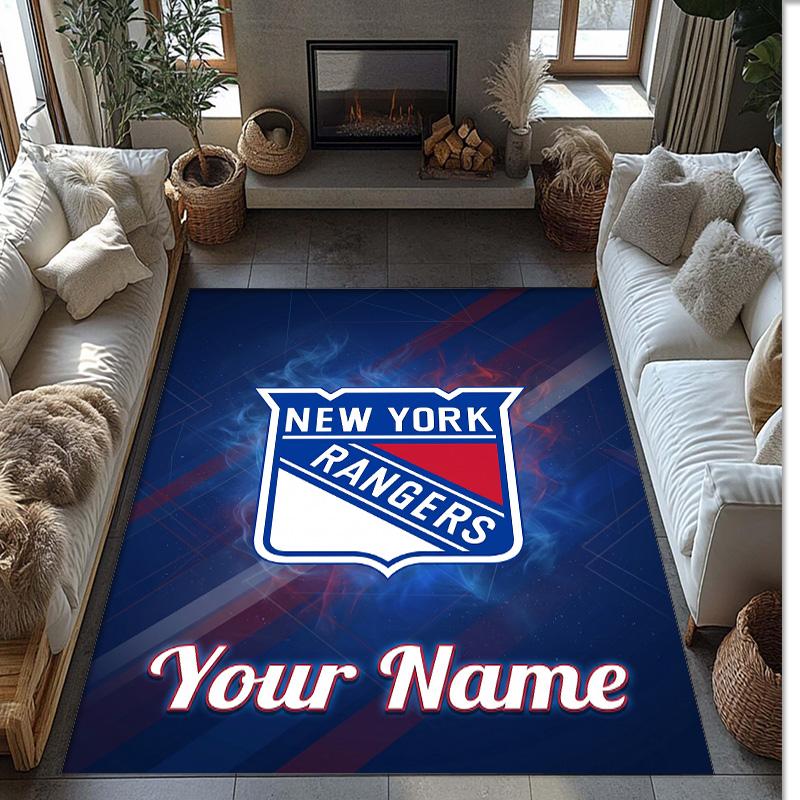 New York Rangers Crystal Velvet Rug, Custom Name Text Personalized Non‑Slip Floor Mat for Home Decor Gift