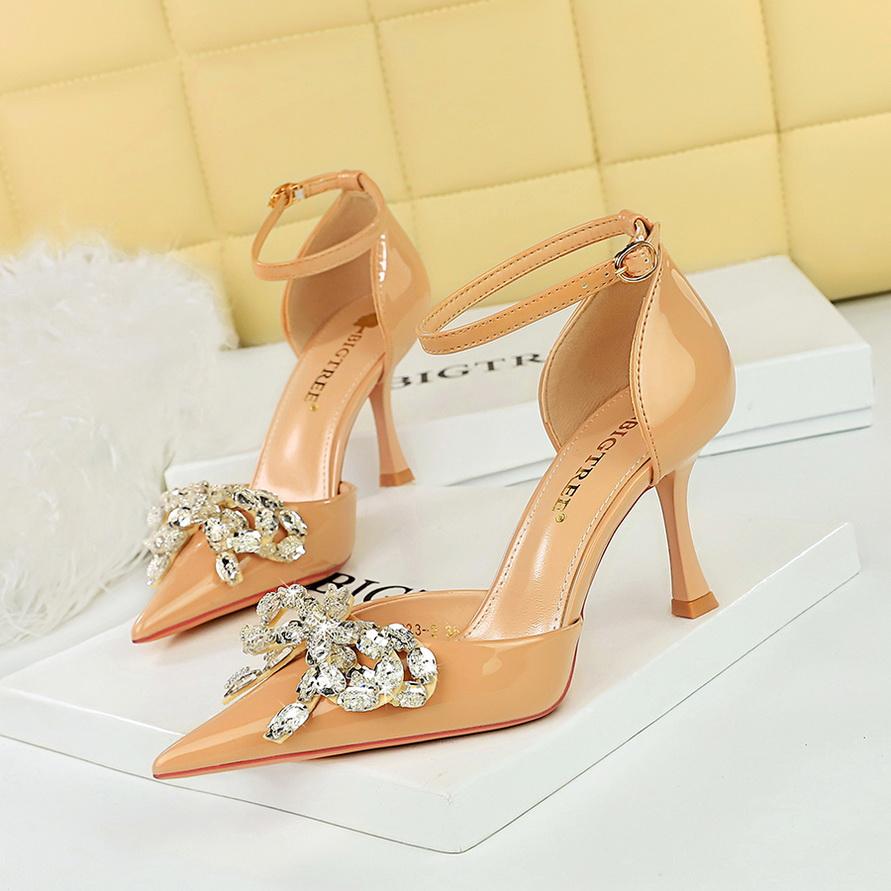 Fashion Summer Women 8cm High Heels Leather Sandals Nightclub Rhinestone Bowknot Sandles Lady Low Heels Ankle Strap Luxury Party Shoes