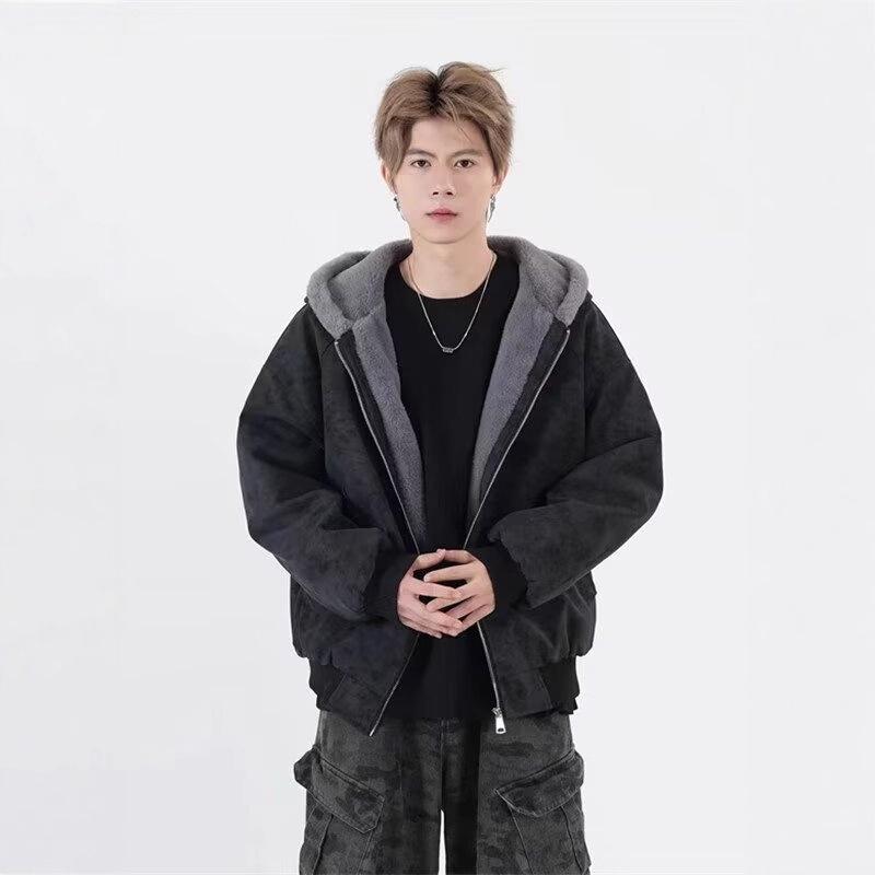 Retro-Kapuzenjacke „Schneeadler“ für Herren: Dicke Baumwolle, Kunstpelzkragen, PU-Leder, trendiger dekonstruierter Stil, warme Winterkleidung für Paare.