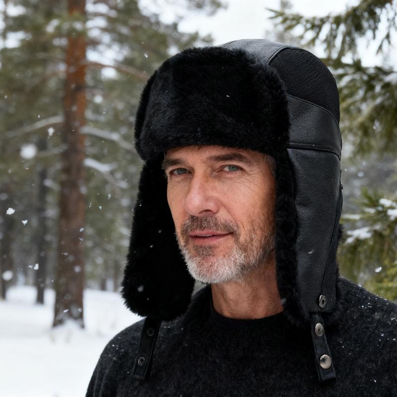 Winter PU Hat Bomber Hat Men's Outdoor Windproof Cold-Proof Ski Hat Thick Fleece Warm Cotton Hat