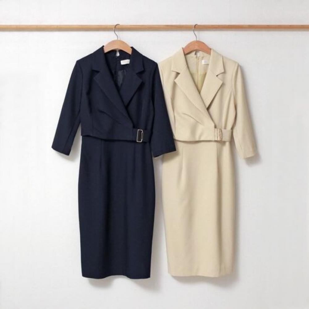Style Latte H Line Tailored Collar Dress witH Gold Square Buckle