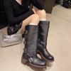 British belt buckle platform knight boots women's tall boots but knee western boots imitation leather versatile boots