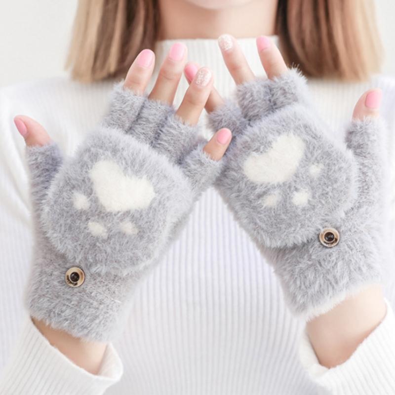 Cartoon Plush Cats Paw Fingerless Mittens with Flip Top Winter Knitted Gloves Stretchy Soft Mitten Elastic Warm Mitte