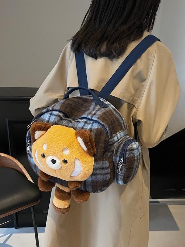 Small Raccoon Fashion Plaid Backpack With Zipper Closure For Girls Travel And Daily Use