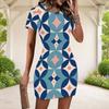 Women Plus Size Round Neck Short Sleeve Blue Pink Geometric Printed Fitted Mini Dress